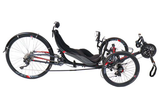 ICE Used 2022 Sprint X with 700c Wheelset and Full Suspension Grey Equipped Recumbent Trike, studio side view