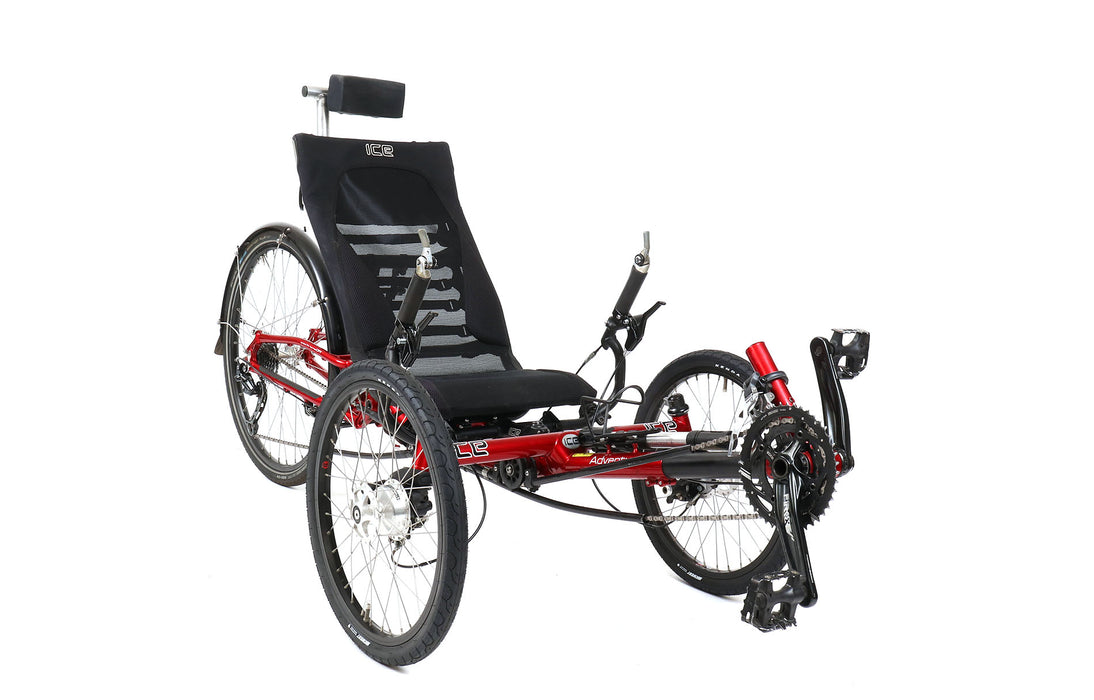 ICE Used Adventure FS 26 Red Recumbent Trike, studio front quarter view