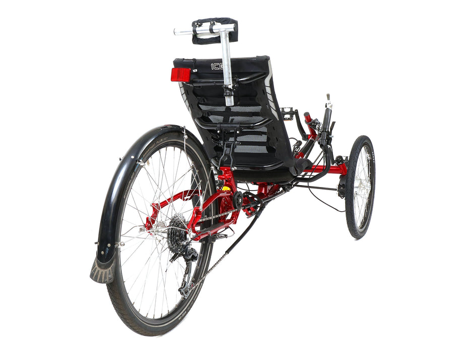 ICE Used Adventure FS 26 Red Recumbent Trike, studio rear quarter view