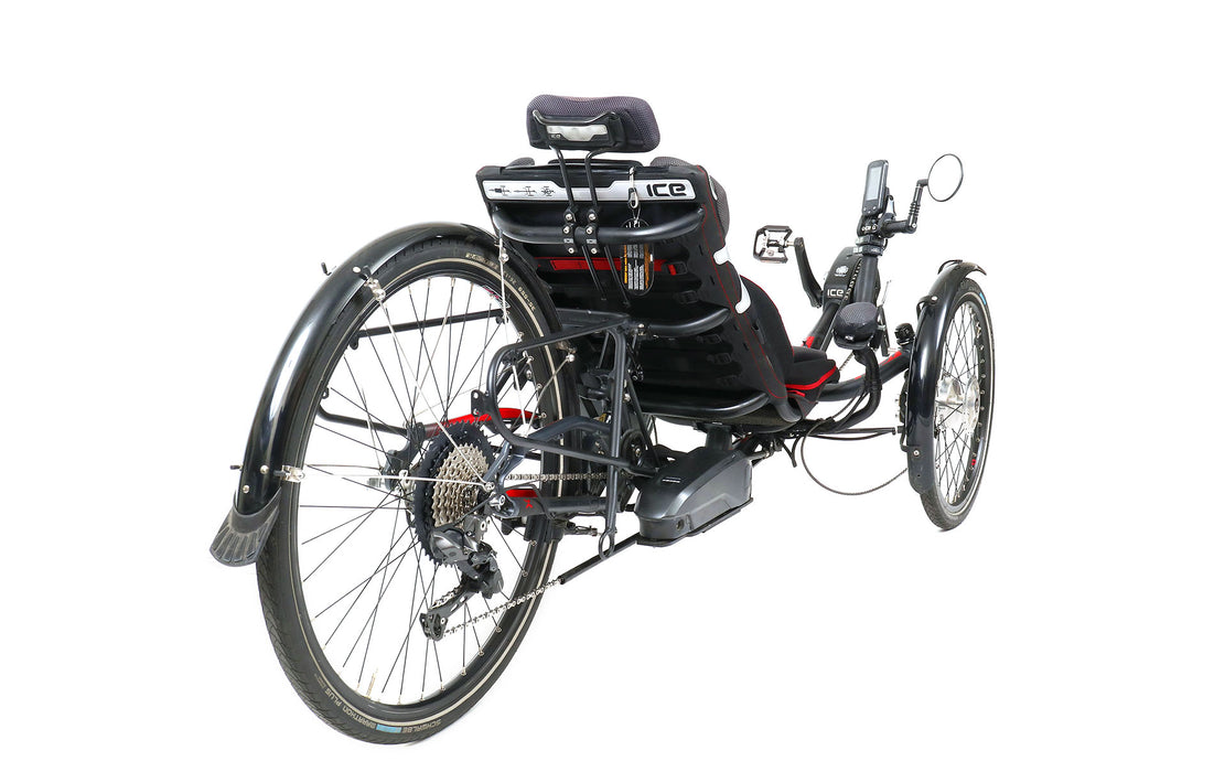 ICE Used Sprint X Tour 26 Full Suspension STEPS 8000 Recumbent Trike, studio rear quarter view