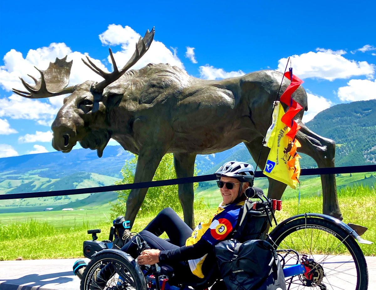 A person in a black cycling raglan jersey and helmet sits on a recumbent trike in front of a large moose statue, with green fields, mountains, and a blue sky with clouds in the background.