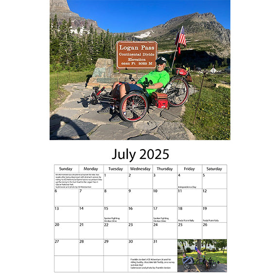 July 2025 features a trike rider posing at Logan Pass on the Continental Divide.