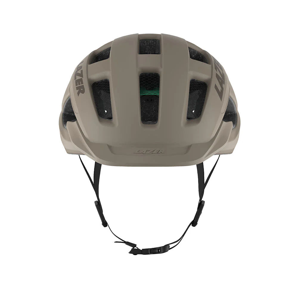 Studio front view  of a taupe colored bicycle helmet with the Lazer logo across the top side, and black chin straps. 