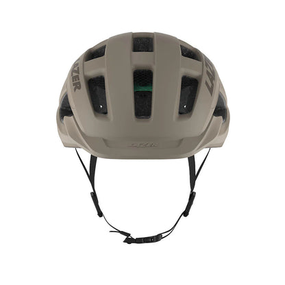 Studio front view  of a taupe colored bicycle helmet with the Lazer logo across the top side, and black chin straps. 