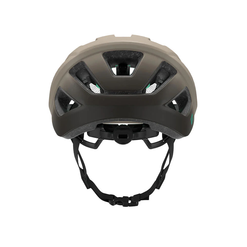 Studio rear view  of a taupe colored bicycle helmet that fades to black at the back of the helmet, with black chin straps and size adjustment dial. 