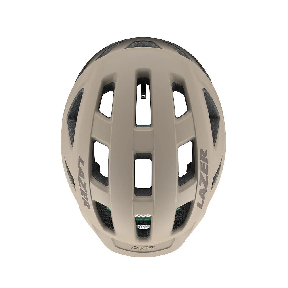 Studio top view  of a taupe colored bicycle helmet with the Lazer logo across the top sides, three rows of ventilation across the top and one row of ventilation on each side. 