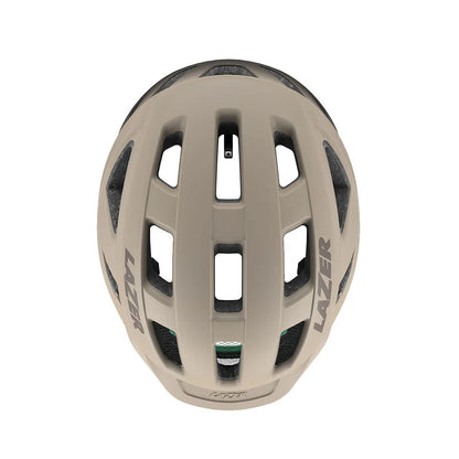 Studio top view  of a taupe colored bicycle helmet with the Lazer logo across the top sides, three rows of ventilation across the top and one row of ventilation on each side. 