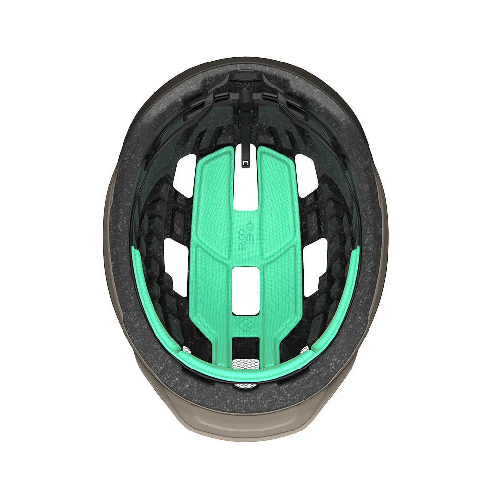 Studio inside view of bicycle helmet with black foam and mint green padded inserts. 