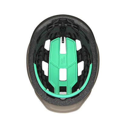 Studio inside view of bicycle helmet with black foam and mint green padded inserts. 