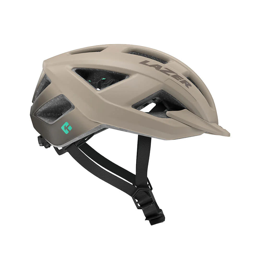 Studio right side view of a taupe colored bicycle helmet with the Lazer logo across the top side, a mint green diamond logo behind the ear area, and black chin straps. 