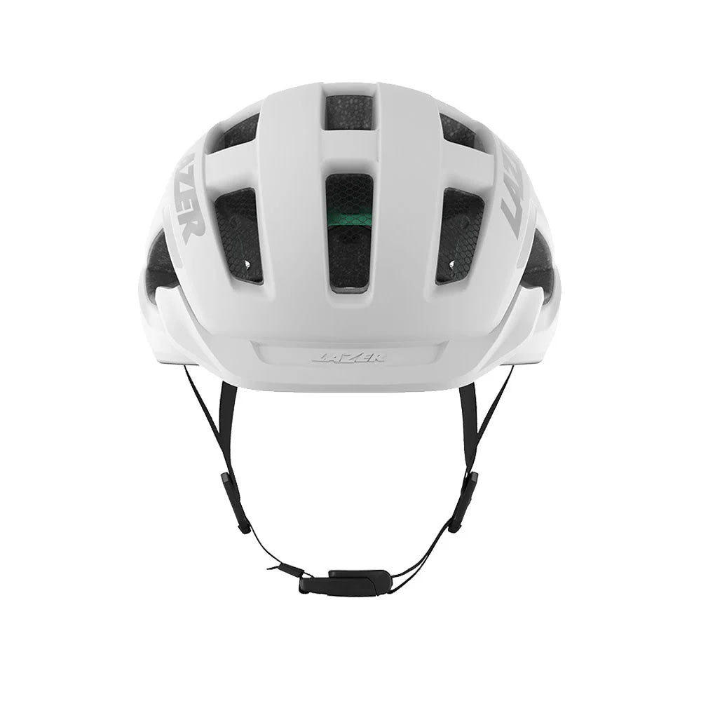 Studio front view of a white bicycle helmet with three rows of venting across the top, light gray Lazer logo on each side above the ears and black chin straps. 