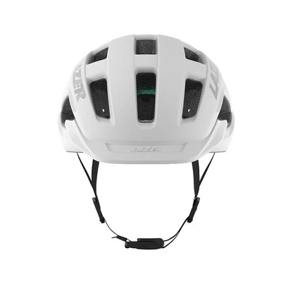 Studio front view of a white bicycle helmet with three rows of venting across the top, light gray Lazer logo on each side above the ears and black chin straps. 
