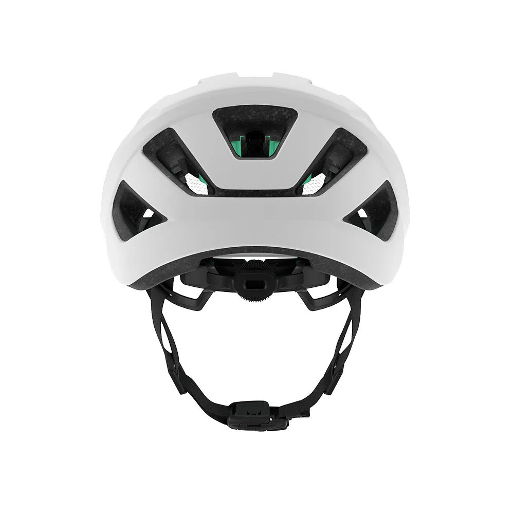 Studio rear view of a white bicycle helmet with four venting channels and a black size adjustment dial and black chin strap. 