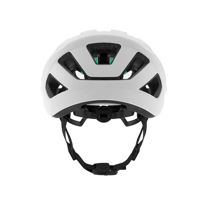 Studio rear view of a white bicycle helmet with four venting channels and a black size adjustment dial and black chin strap. 