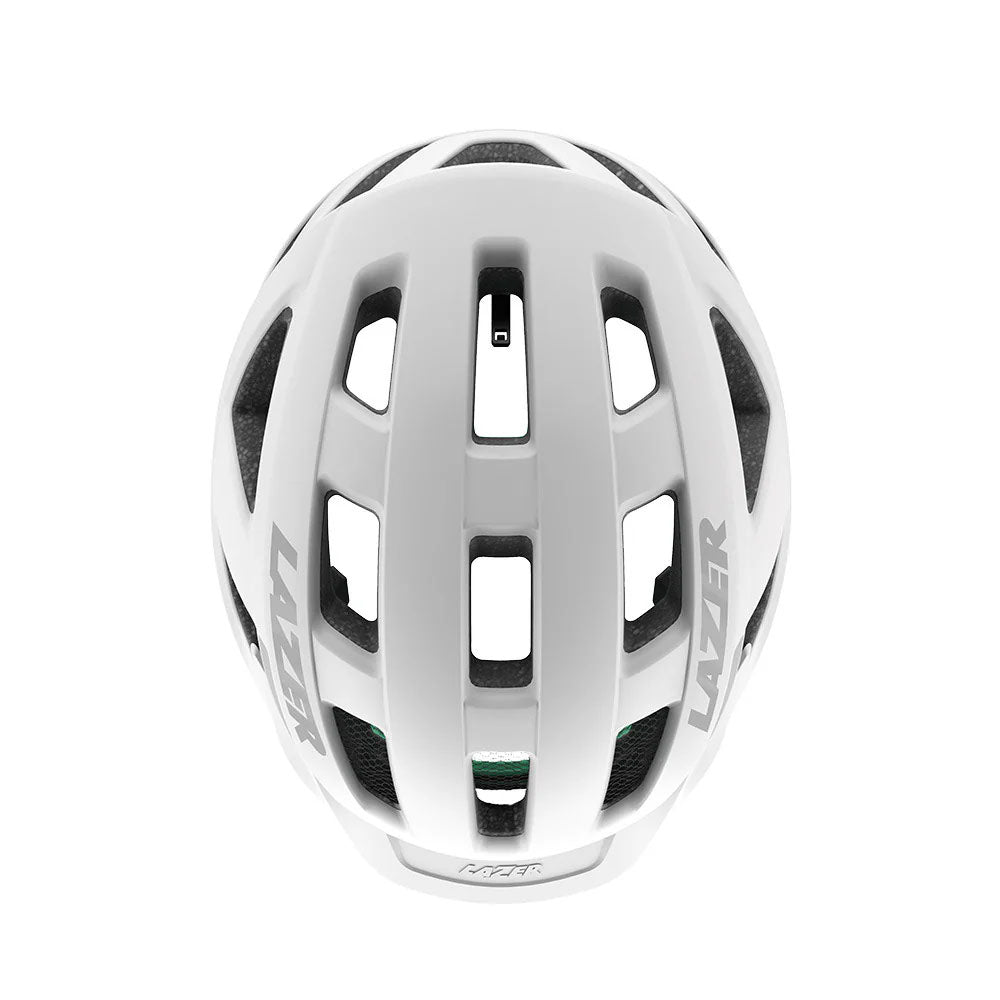 Studio top view of a white bicycle helmet with three rows of ventilation channels and light gray Lazer logos on both sides above the ear area. 