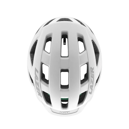 Studio top view of a white bicycle helmet with three rows of ventilation channels and light gray Lazer logos on both sides above the ear area. 
