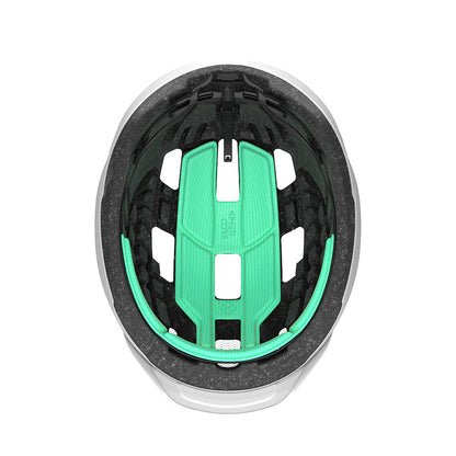 Studio inside view of a bicycle helmet with black foam and mint green padding.