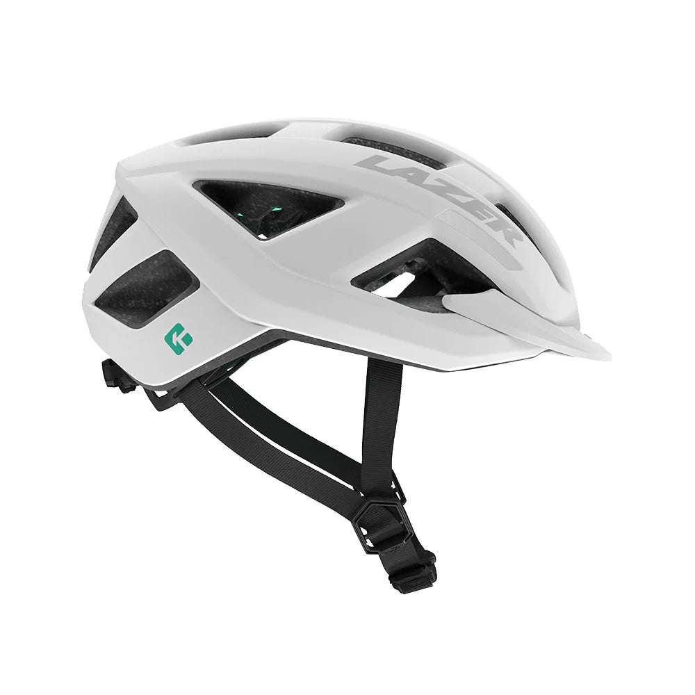 Studio side view of a white bicycle helmet with light gray Lazer logo along top  front of helmet, mint green diamond logo behind ear area and black chin straps.