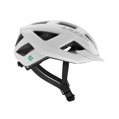 Studio side view of a white bicycle helmet with light gray Lazer logo along top  front of helmet, mint green diamond logo behind ear area and black chin straps.