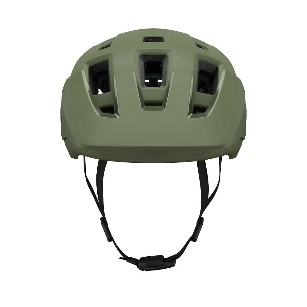 Studio front view of a forest green bicycle helmet with a visor and black chin straps.