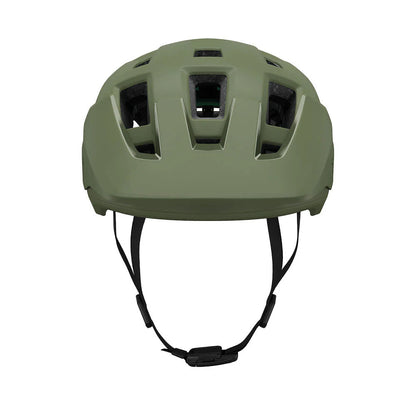 Studio front view of a forest green bicycle helmet with a visor and black chin straps.