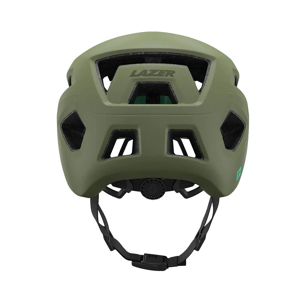 Studio back view of a forest green bicycle helmet with 6 ventilation channels along the back and with a black chin strap and size adjustment dial.