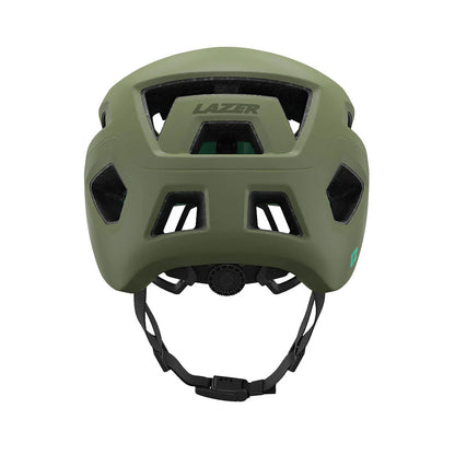 Studio back view of a forest green bicycle helmet with 6 ventilation channels along the back and with a black chin strap and size adjustment dial.