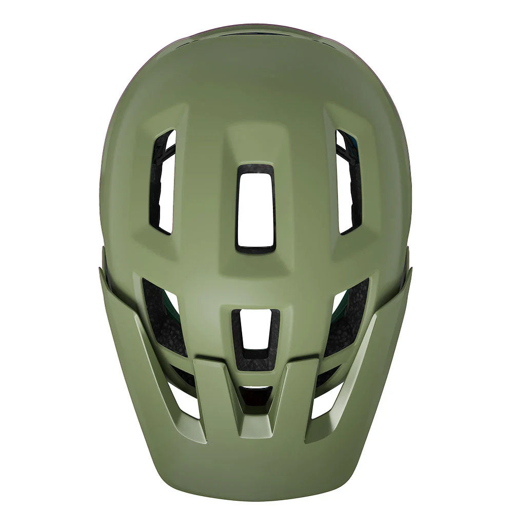 Studio top view of a forest green bicycle helmet with six ventilation channels along the top and a matching green visor.