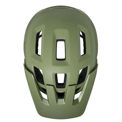 Studio top view of a forest green bicycle helmet with six ventilation channels along the top and a matching green visor.