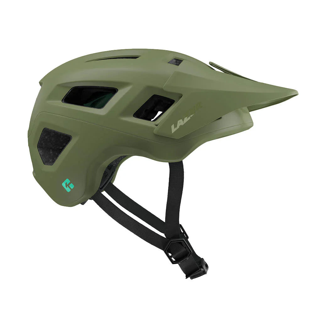 Studio side view of a forest green bicycle helmet with a visor and black chin straps.