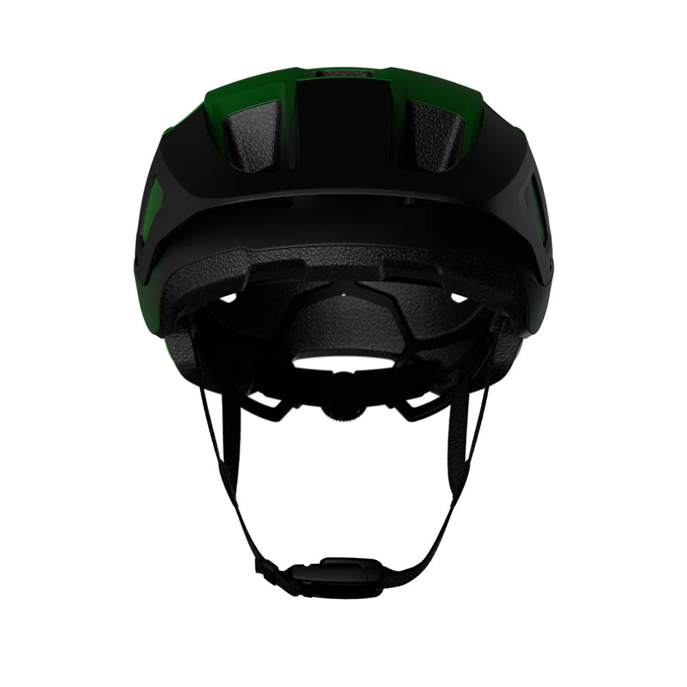 Studio front angle view of Lazer Finch Kineticore One bicycle helmet with black visor and chin strap.