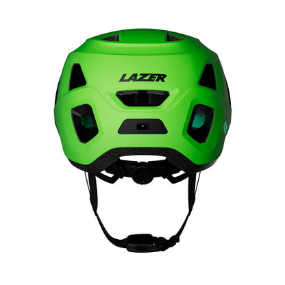 Back studio angle of a Lazer Finch Kineticore One acid green bicycle helmet with black Lazer lettering across middle of back. 