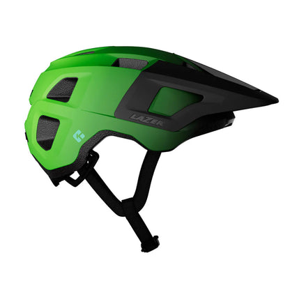 Studio side view of the Lazer Finch Kineticore One bicycle helmet with black visor and chin strap and acid green helmet. 