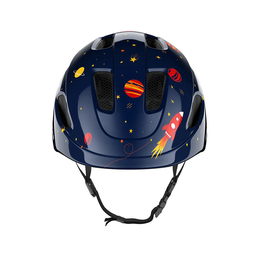 Studio front view a dark blue kids bicycle helmet with a red rocket ship, colorful planets and astronauts scattered throughout