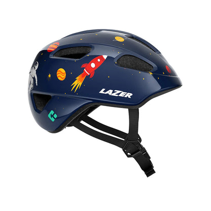 Studio side view of a dark blue kids bicycle helmet with a red rocket ship, colorful planets and astronauts scattered throughout.