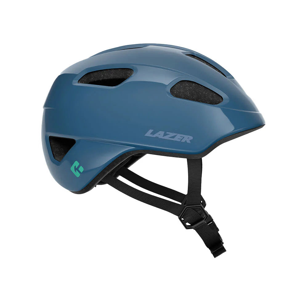 Studio side view of a dark blue kids helmet with lighter blue Lazer logo above ear area and mint colored square behind ear area