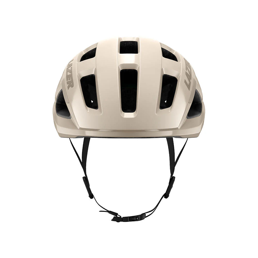 Studio front view of an off-white bicycle helmet with black chin straps and four rows of venting across top of helmet.