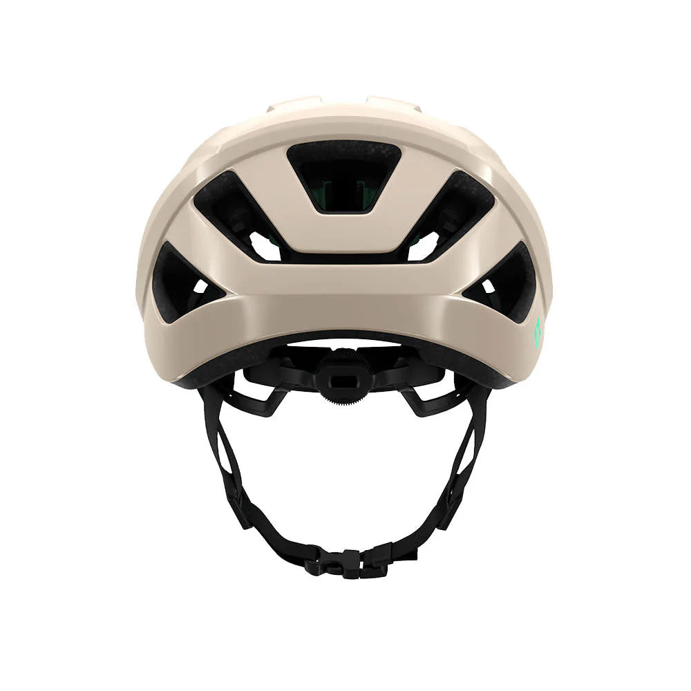 Studio rear view of an off-white bicycle helmet with black chin strap and black size adjustment dial.