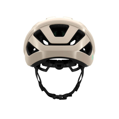 Studio rear view of an off-white bicycle helmet with black chin strap and black size adjustment dial.