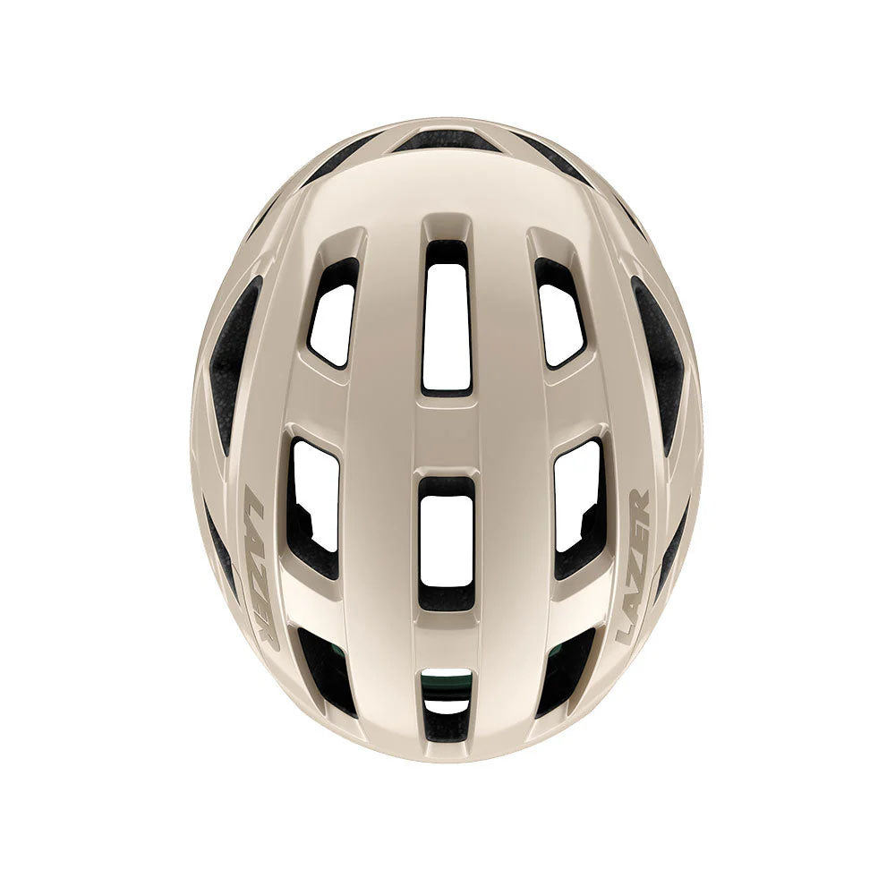 Studio top view of an off-white bicycle helmet with 3 rows of venting across the top and one row of venting along each side.