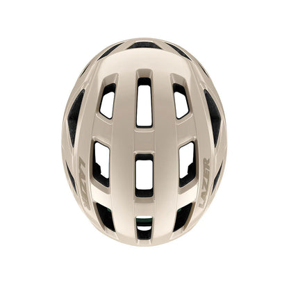 Studio top view of an off-white bicycle helmet with 3 rows of venting across the top and one row of venting along each side.