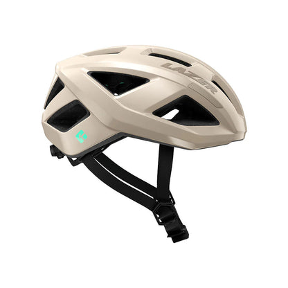 Studio side view of an off-white bicycle helmet with black chin straps and mint green diamond logo behind ear area.