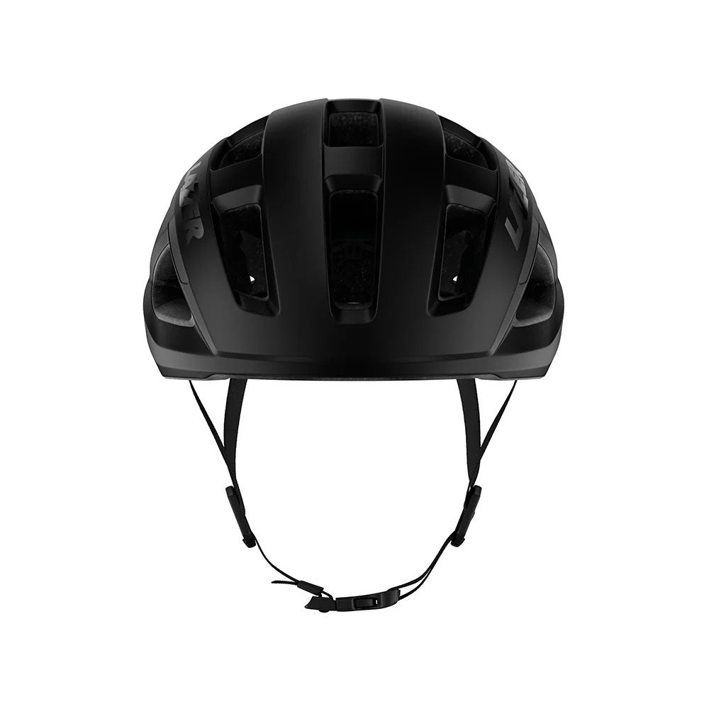 Studio front view of a matt black bicycle helmet with black straps.