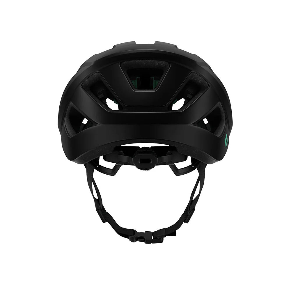 Studio rear view of a matt black bicycle helmet with black straps and a black fit adjustment dial at base of helmet.
