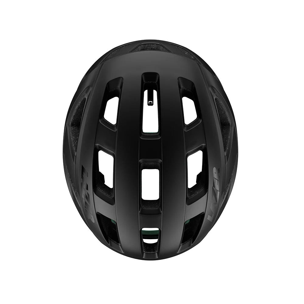 Studio top view of a matt black bicycle helmet with three rows of venting along the top. 