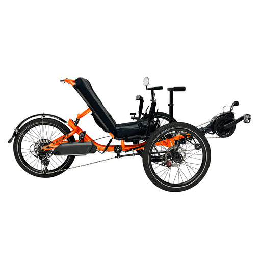 Catrike Max Recumbent Trike with Bosch motor, 20 inch wheels, stand up assist bars in Atomic Orange frame, right profile view