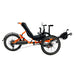 Catrike Max Recumbent Trike with Bosch motor, 20 inch wheels, stand up assist bars in Atomic Orange frame, right profile view