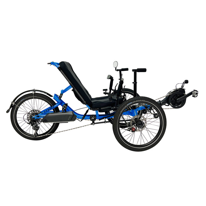 Catrike Max Recumbent Trike with Bosch motor, 20 inch wheels, stand up assist bars in Electric Blue frame, right profile view