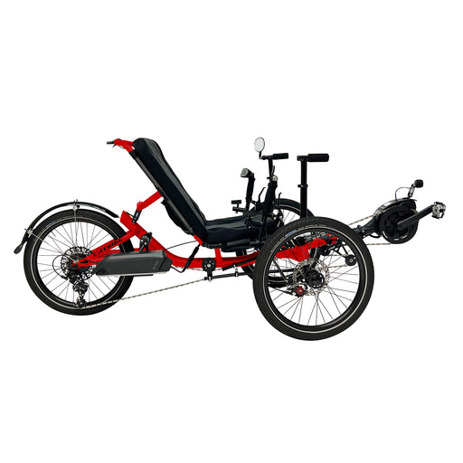 Catrike Max Recumbent Trike with Bosch motor, 20 inch wheels, stand up assist bars in Lava Red frame, right profile view
