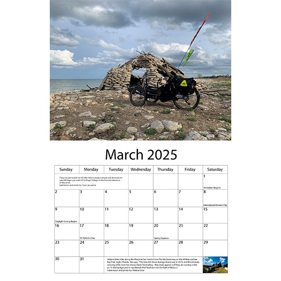 March 2025 features an ICE trike parked in front of a rock structure along the shores of Lake Michigan, Wisconsin.